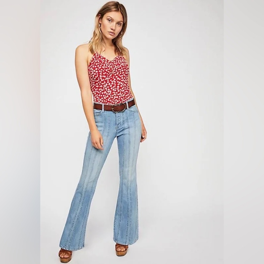 Free People Light Blue High-Waist Flare Jeans So Many Seams Size 27